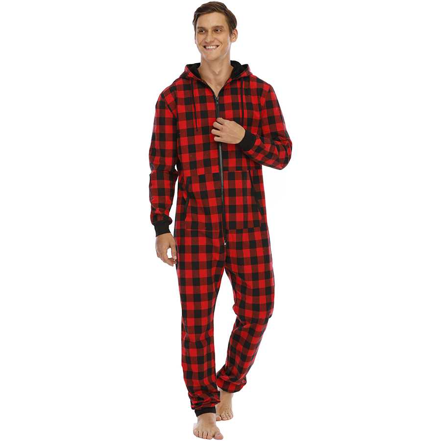 Cotton Blend Plaid Hooded Pajamas Simple 3 Colors Mens Jumpsuits on sale 5