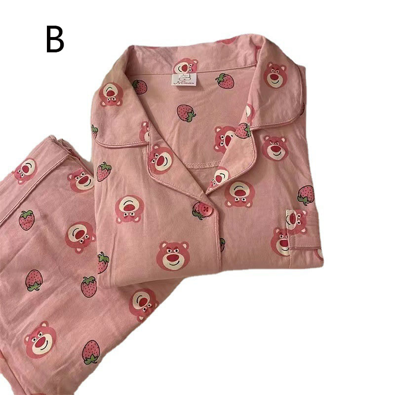 Cute strawberry bear cartoon pink loose long-sleeved trousers women's two-piece suit on sale 6