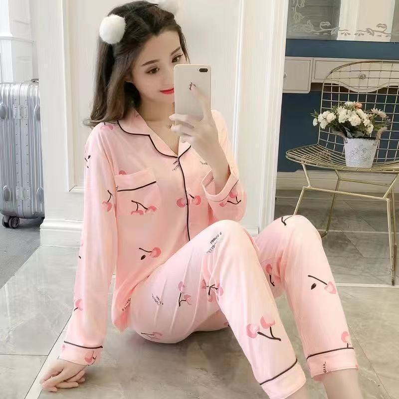 Cute strawberry bear cartoon pink loose long-sleeved trousers women's two-piece suit on sale 7