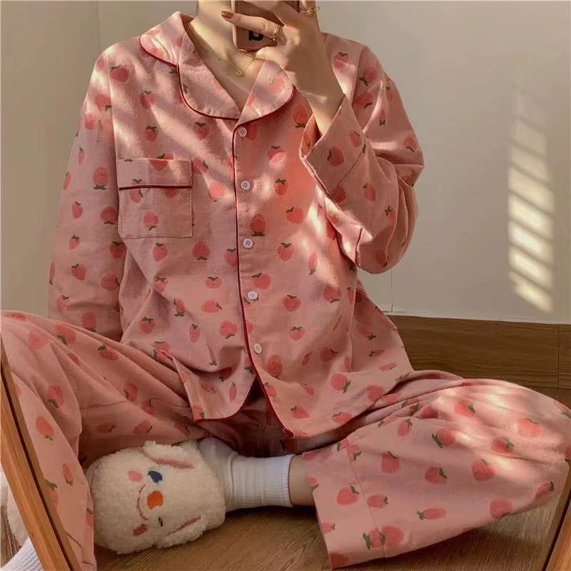 Cute strawberry bear cartoon pink loose long-sleeved trousers women's two-piece suit on sale 8