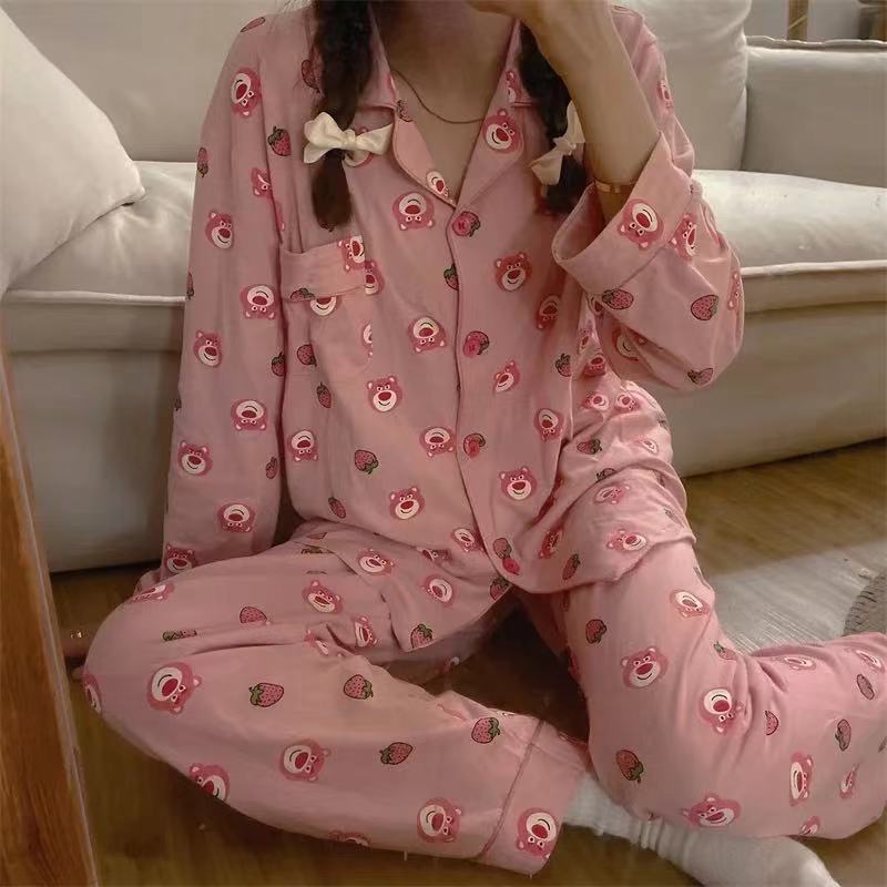 Cute strawberry bear cartoon pink loose long-sleeved trousers women's two-piece suit on sale 9