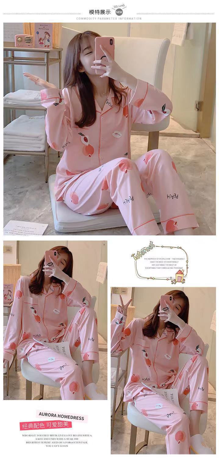 Cute strawberry bear cartoon pink loose long-sleeved trousers women's two-piece suit on sale 4