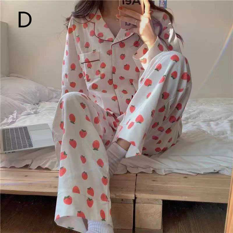 Cute strawberry bear cartoon pink loose long-sleeved trousers women's two-piece suit on sale 5