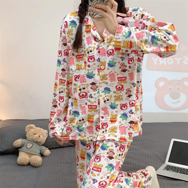 insgram girly cartoon colorful winnie the pooh loose sweet double long ladies pajamas on sale 2