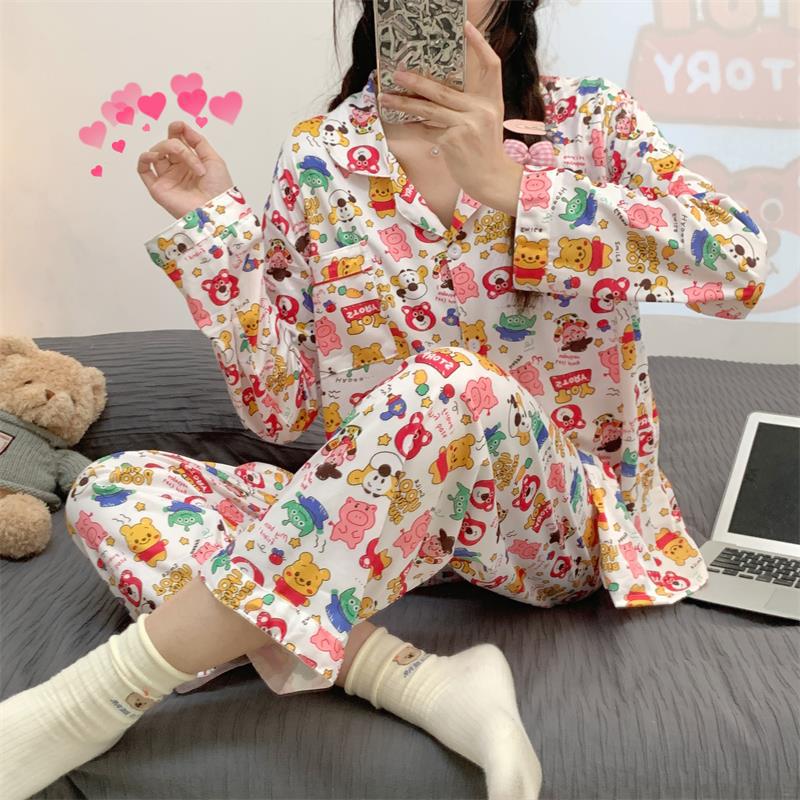 insgram girly cartoon colorful winnie the pooh loose sweet double long ladies pajamas on sale 3