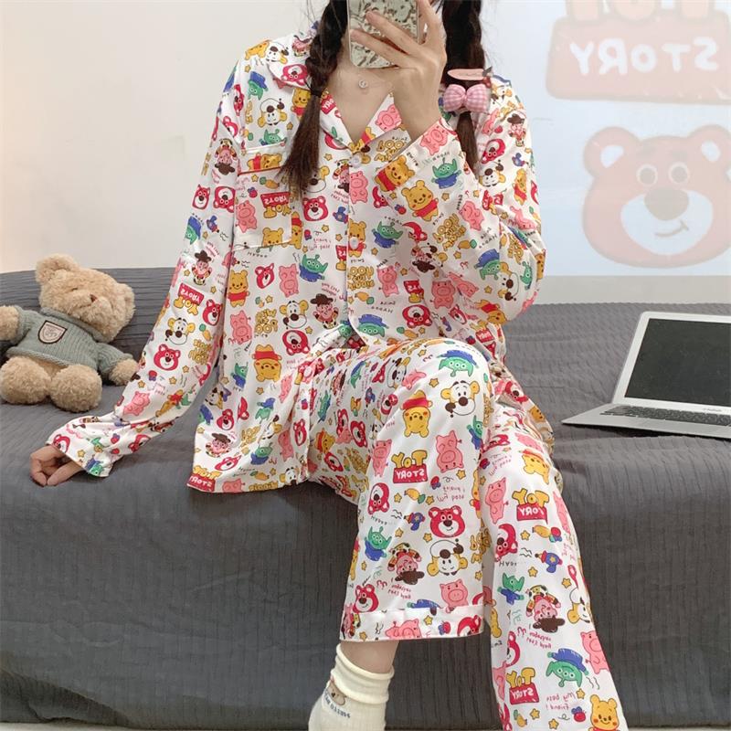 insgram girly cartoon colorful winnie the pooh loose sweet double long ladies pajamas on sale 4