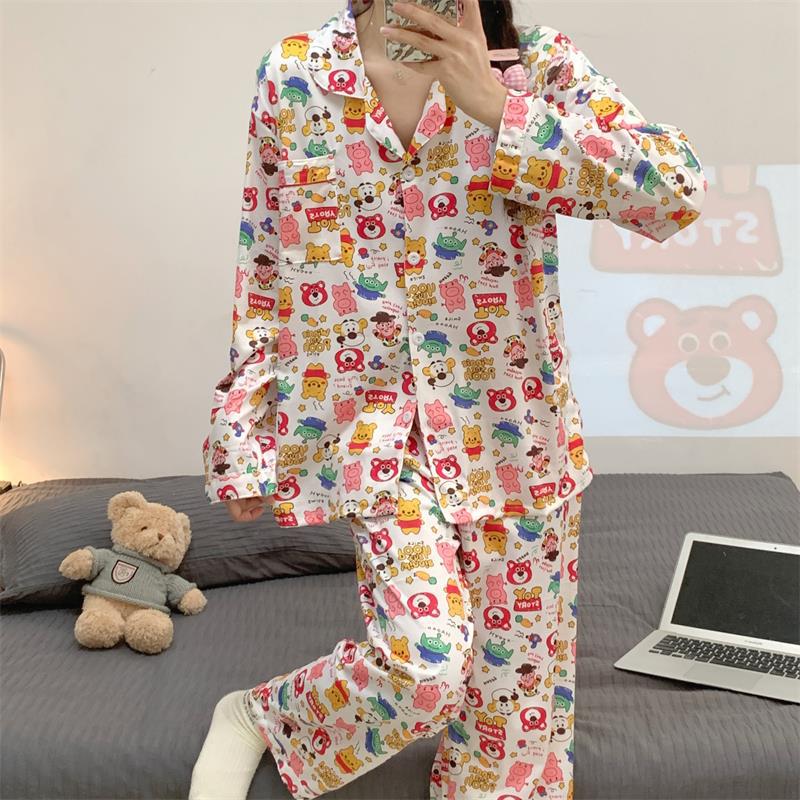 insgram girly cartoon colorful winnie the pooh loose sweet double long ladies pajamas on sale 5