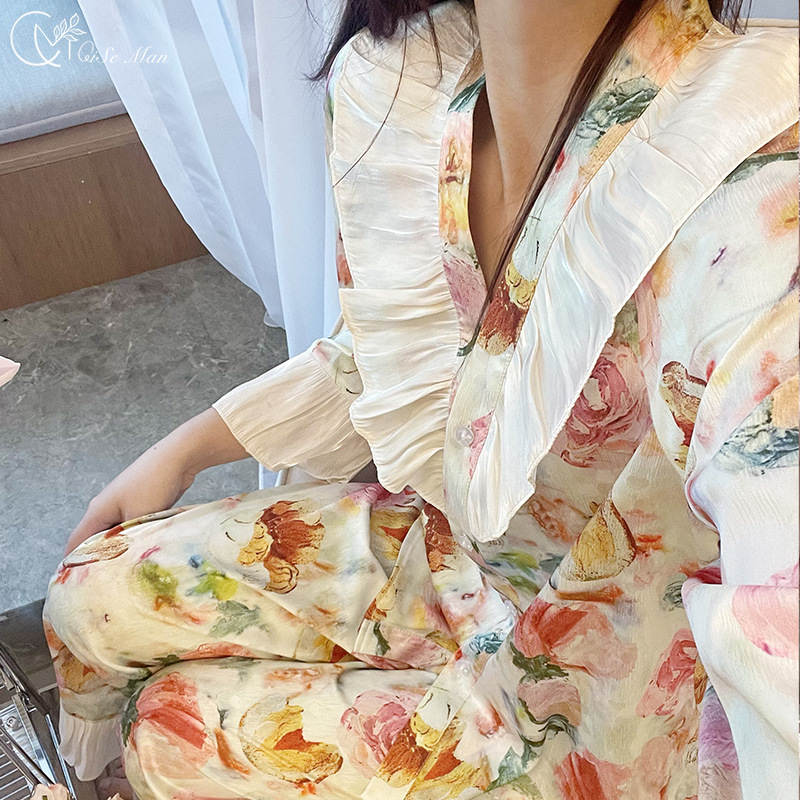 Autumn-Winter Ice Silk Printed Pajama Set - Elegant Long-Sleeve Loungewear for Young Women