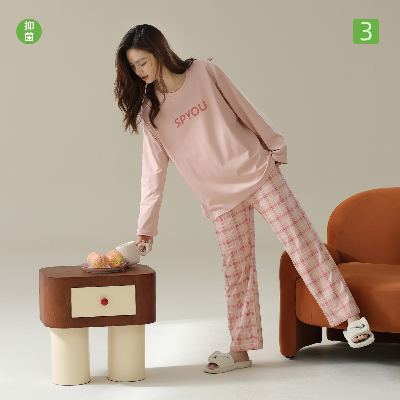 Pure Cotton Solid Pink Round Neck Autumn Winter Long Sleeve Long Pants Women's Casual Pajama Set