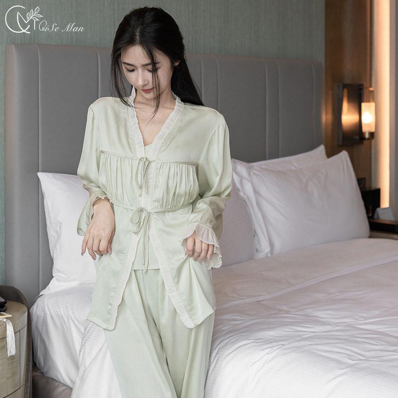 Women's Ice Silk 3-Piece Pajama Set - Elegant Long-Sleeve Loungewear for Spring and Autumn