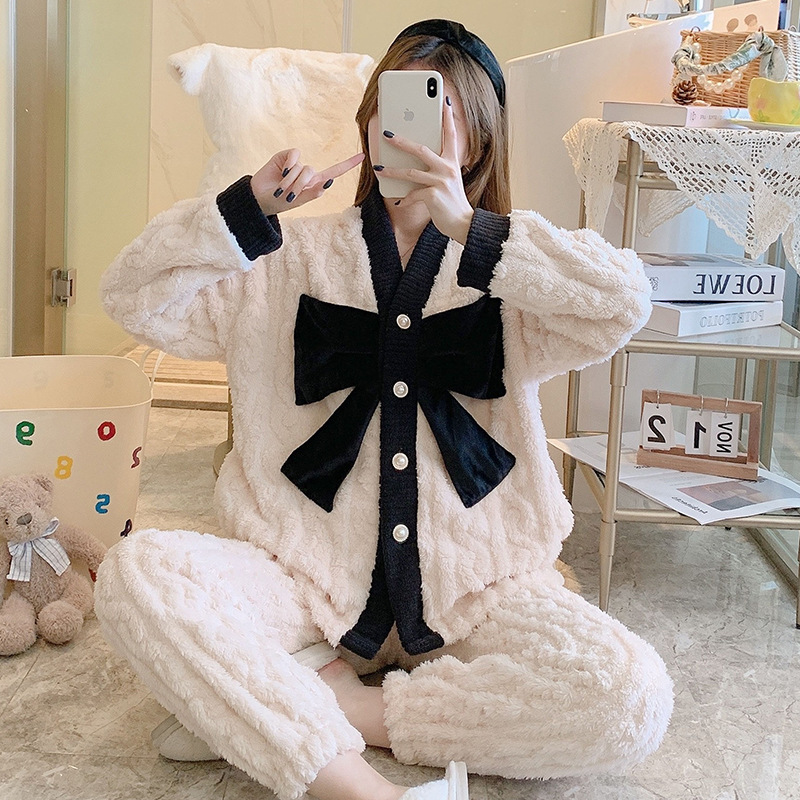 Autumn Winter Thickened Flannel Coral Fleece Cartoon Cute Loose Flannel Women's Homewear Set