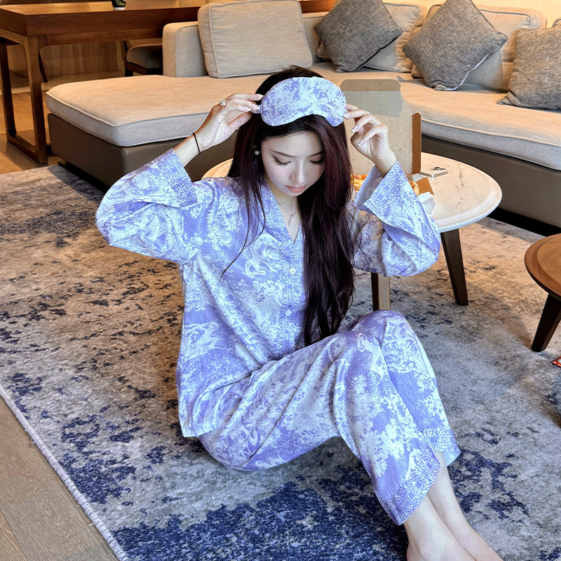 Purple Ice Silk Ink Painting Print Tie-Dye Long Sleeve Long Pants Thin Turn-down Collar Women's Pajama Set