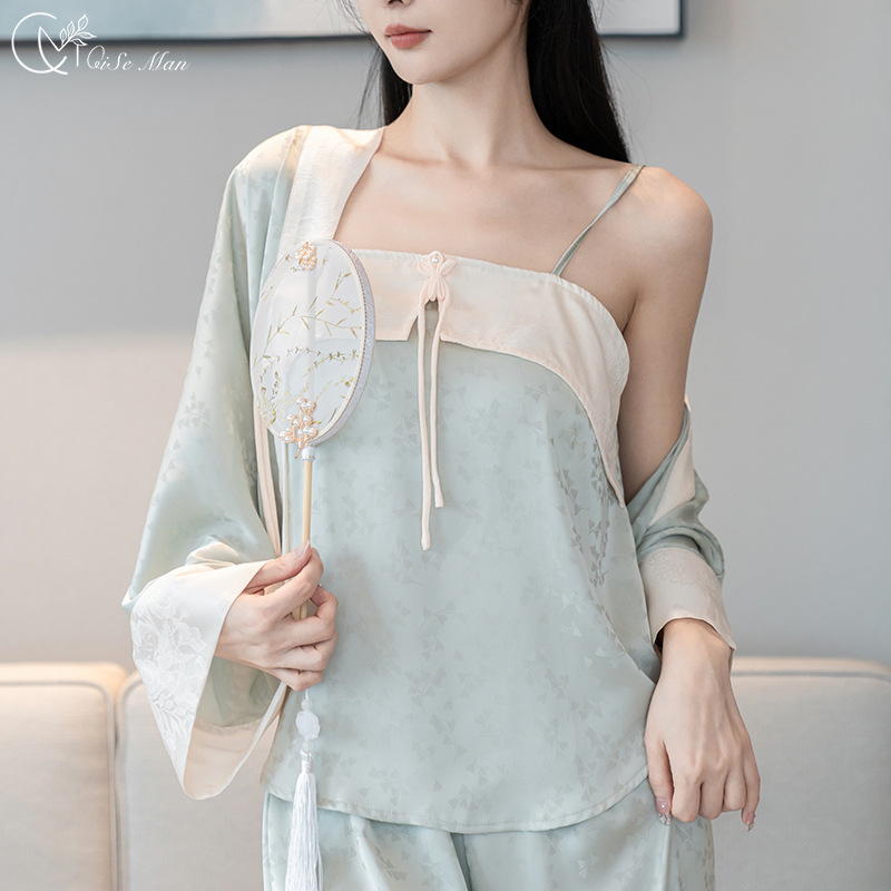 New Chinese Style Pajama Set - Elegant Jacquard Ice Silk Loungewear for Women