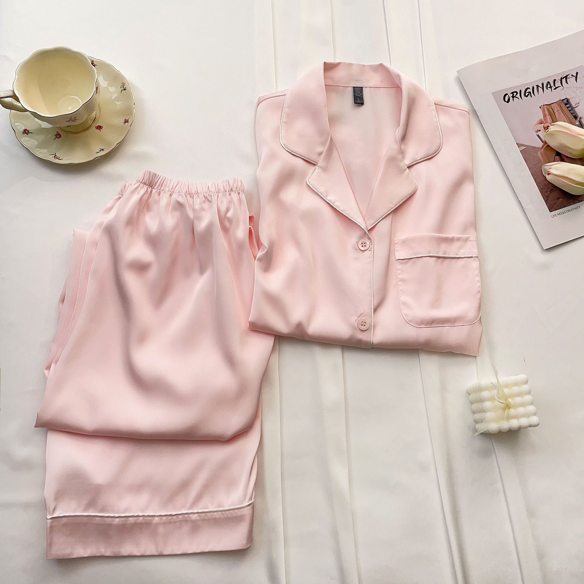 Summer Pink Solid Cool Breathable Ice Silk Short Sleeve Long Pants Thin Women's Pajama Set