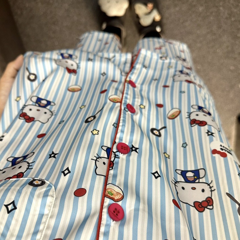 Blue Striped Hello Kitty Ice Silk Pajamas for Women - Sweet, Adorable, and High-Quality