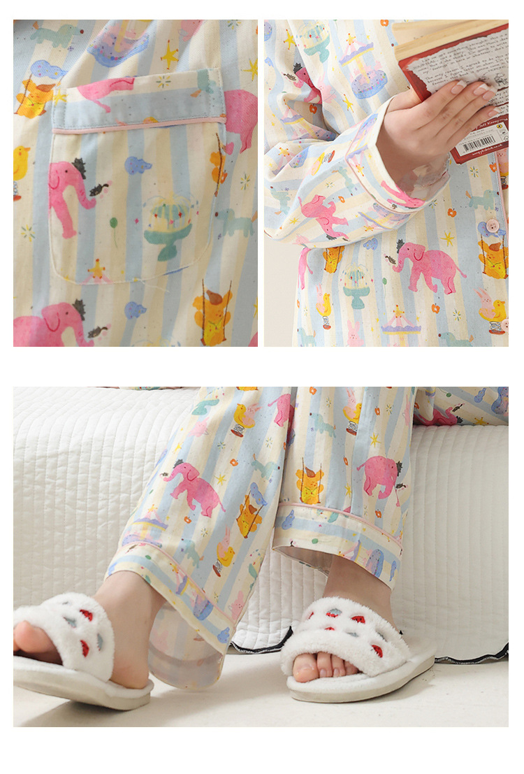 Shop the Cotton Long-Sleeve Pajama Set for women, made from 100% cotton. This comfortable set is perfect for spring and autumn, featuring a classic turn-down collar and cartoon design. Ideal for lounging or sleepwear.