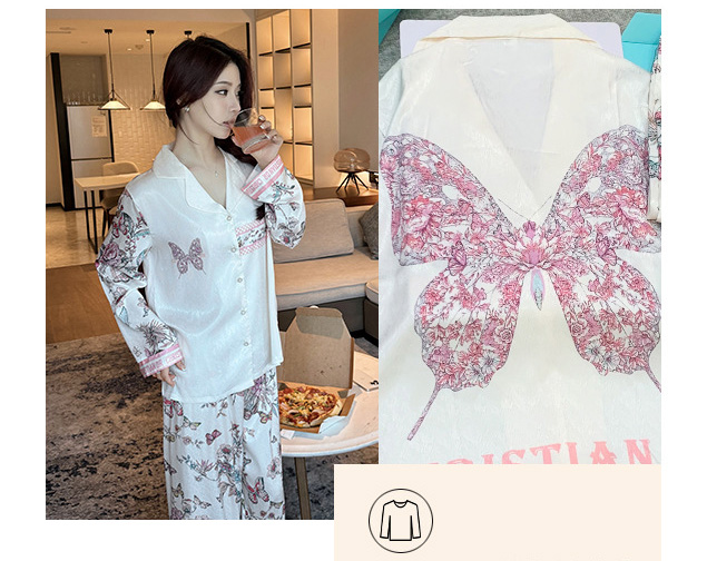 Cool and breathable imitation silk pajama set with a unique butterfly print and tie-dye design. Moisture-wicking, quick-drying, and wrinkle-resistant. Perfect for both home and casual wear.