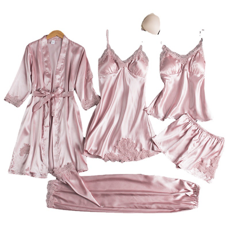 Indulge in ultimate comfort with our luxurious pink ice silk loungewear set. Featuring a 5-piece design, including long-sleeve robes, this set is perfect for women of all sizes. Ideal for spring and summer, this soft and breathable fabric will keep you cool and cozy.