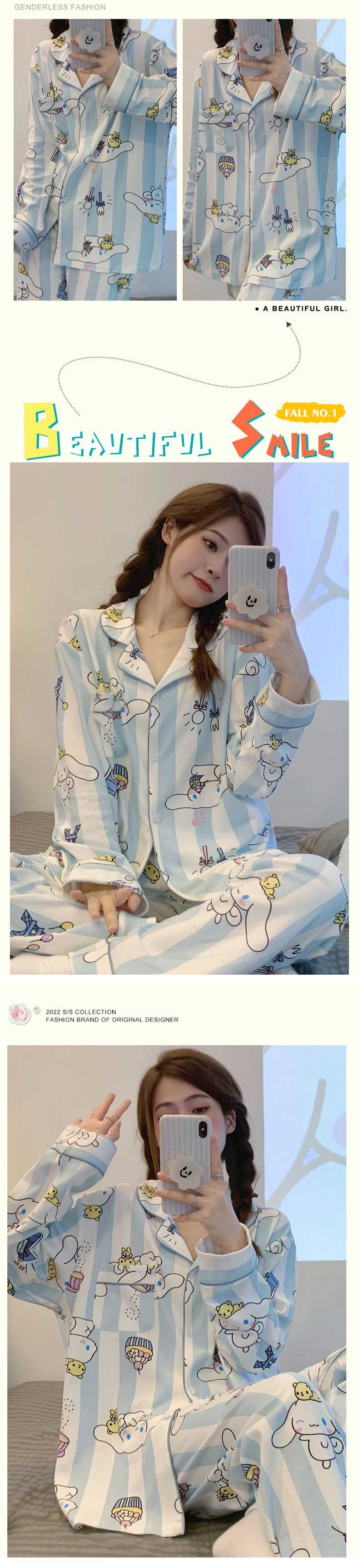 Cool and breathable ice silk pajama set with cute cartoon patterns. Moisture-wicking, quick-drying, and wrinkle-resistant. Perfect for home or casual wear.