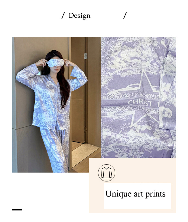 Cool and breathable imitation silk pajama set with a unique purple ink painting print and tie-dye design. Moisture-wicking, quick-drying, and wrinkle-resistant. Perfect for both home and casual wear.