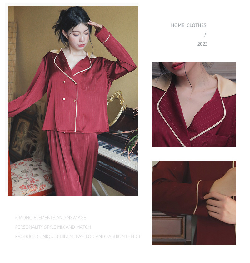 Discover our Spring New Red Wedding Pajama Set for couples, featuring a stylish striped design and comfortable ice silk fabric. Perfect for lounging at home, this lightweight pajama set combines elegance with relaxation, ideal for special occasions.