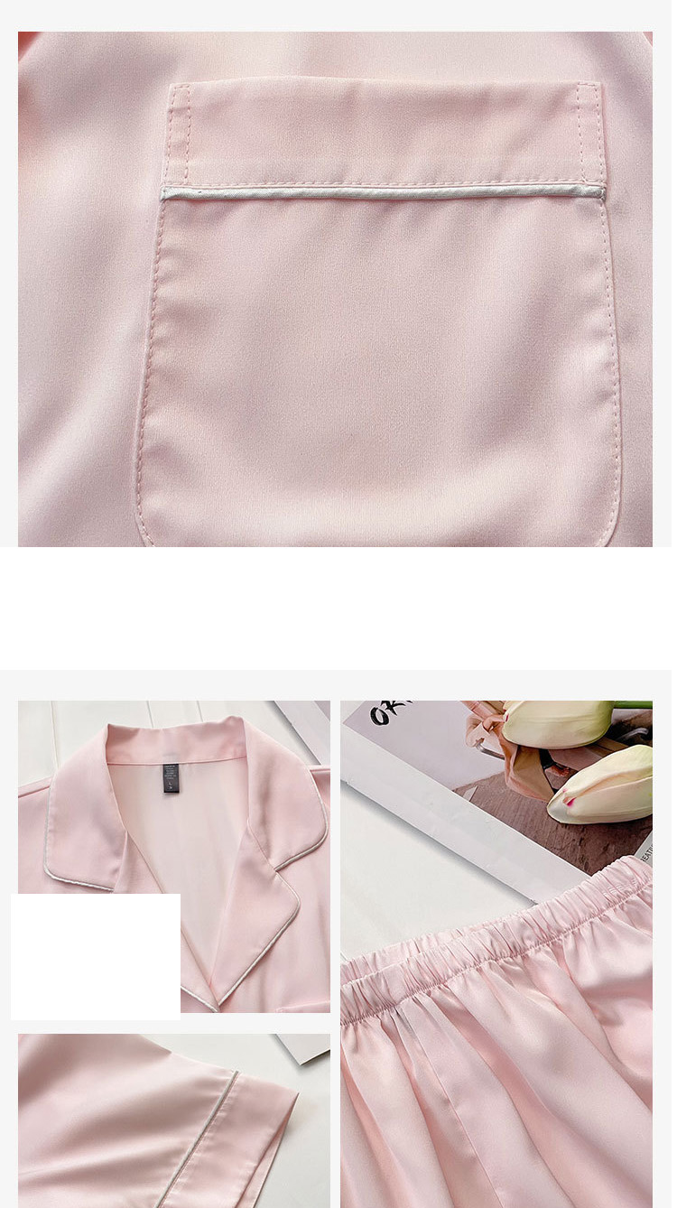 Cool and breathable imitation silk pajama set in a soft pink color. Moisture-wicking, quick-drying, and wrinkle-resistant. Perfect for both home and casual wear.