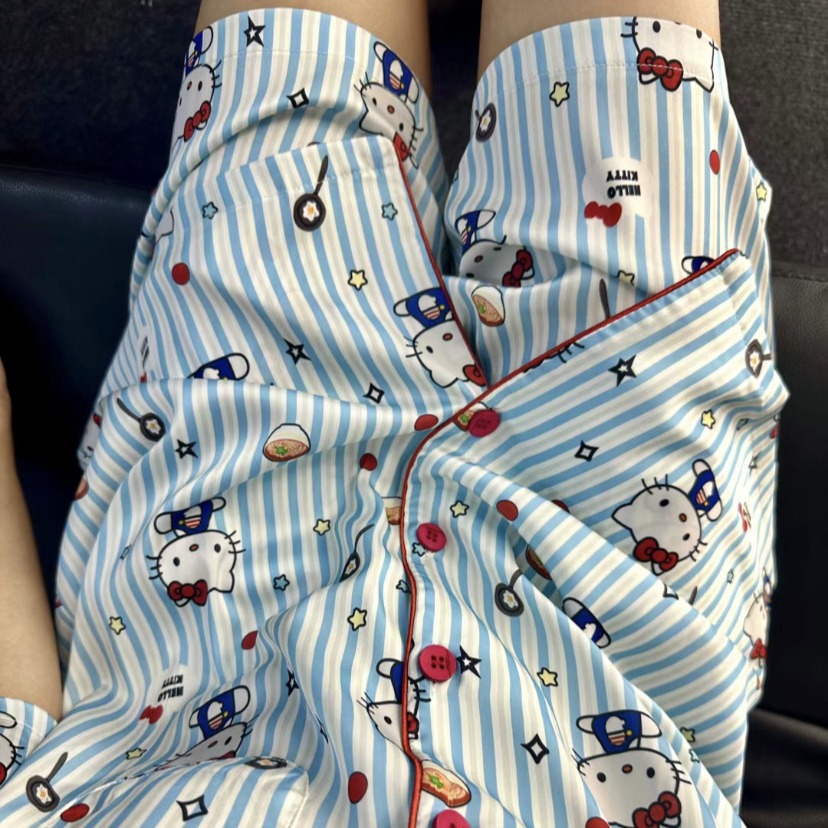 Wrap yourself in comfort and style with our blue striped Hello Kitty ice silk pajamas. Perfect for lounging at home, these soft and breathable pajamas are both cute and sophisticated.