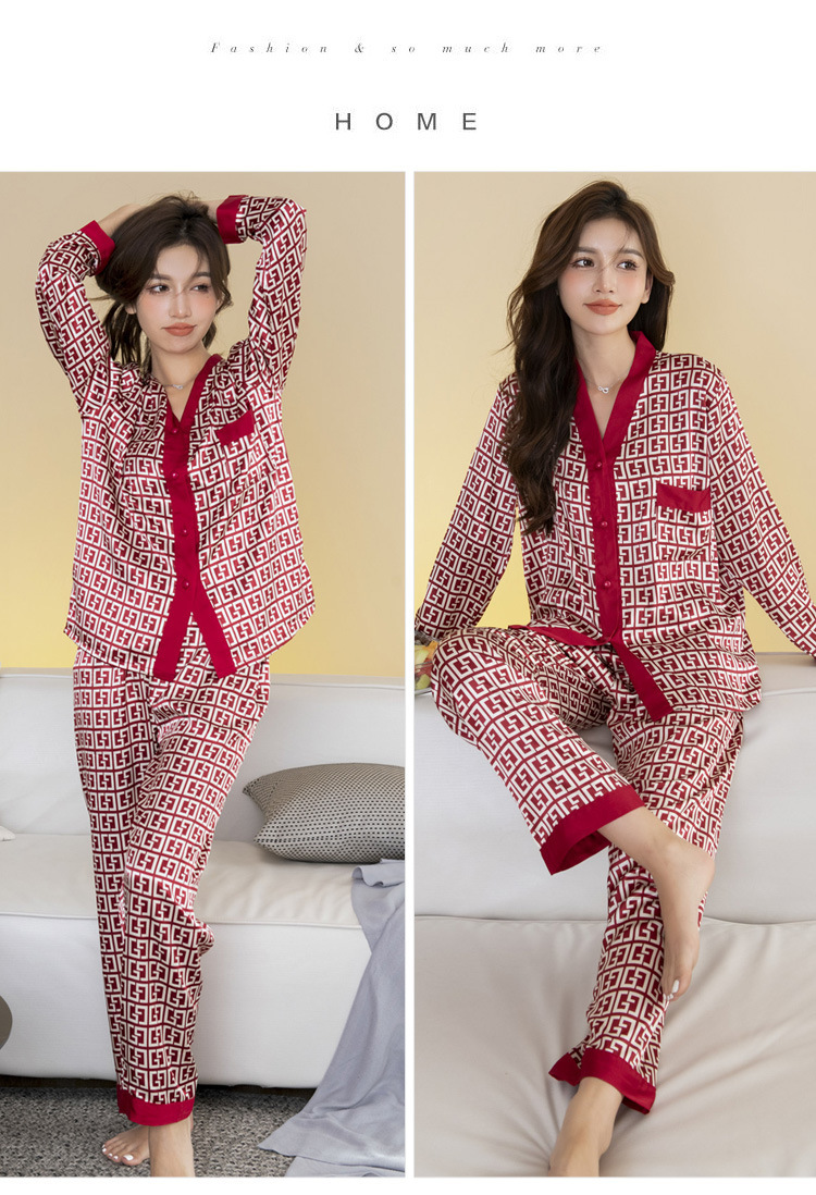 Shop our 3XL Plus Size Women's Pajamas Set, crafted from soft ice silk for ultimate comfort. This stylish V-neck sleepwear features long sleeves and pants, perfect for spring and autumn lounging at home or outdoor relaxation.