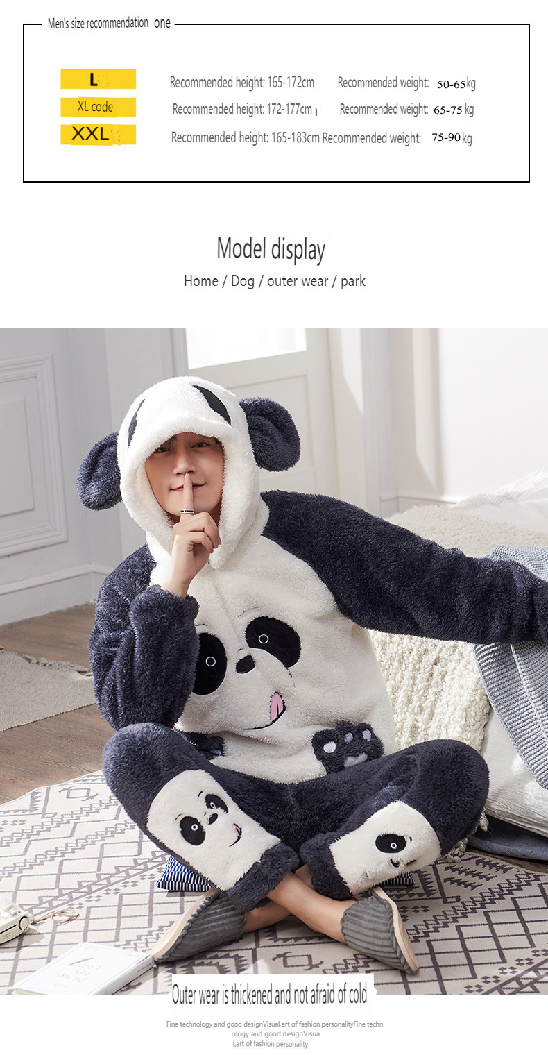 Autumn Winter Men's Thickened Flannel Coral Fleece Youth Student Cartoon Hooded Warm Homewear Set