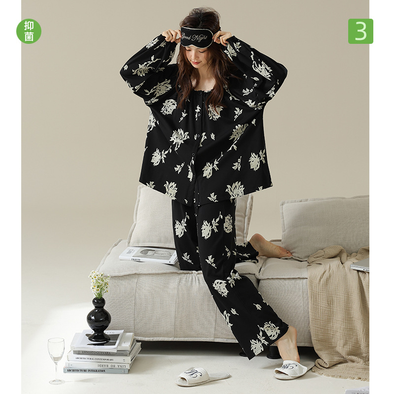 Spring/Autumn Black Floral Print Long Sleeve Pajama Set for Women